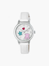 Reloj Muffin de acero con correa de piel blanca