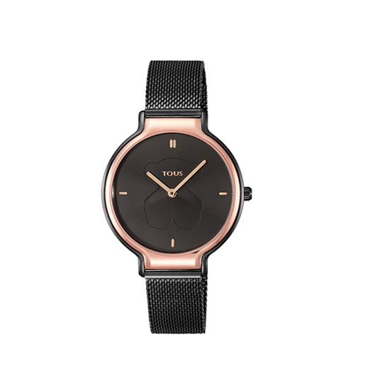 Reloj Real Bear bicolor de acero IP rosado/IP negro con correa Mesh