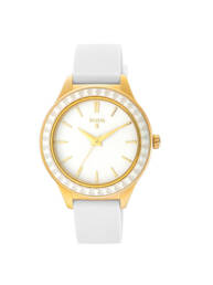 Reloj Straight Ceramic de acero IP dorado y bisel de cerámica con correa de silicona blanca