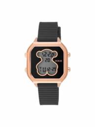 Reloj D-Bear Teen de acero IP rosado con correa de silicona negra