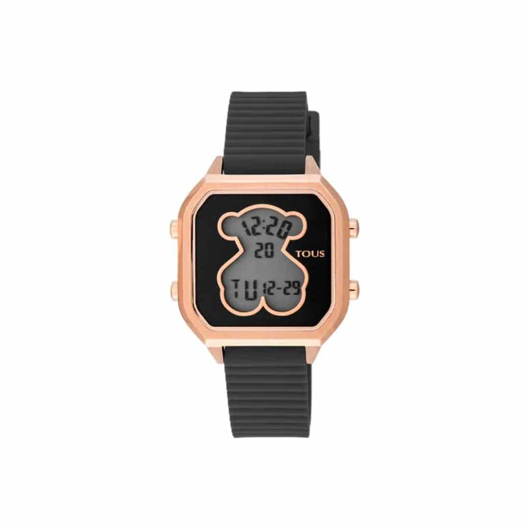 Reloj D-Bear Teen de acero IP rosado con correa de silicona negra