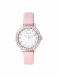 Reloj Straight Kids de acero y bisel de osos con correa de piel rosa