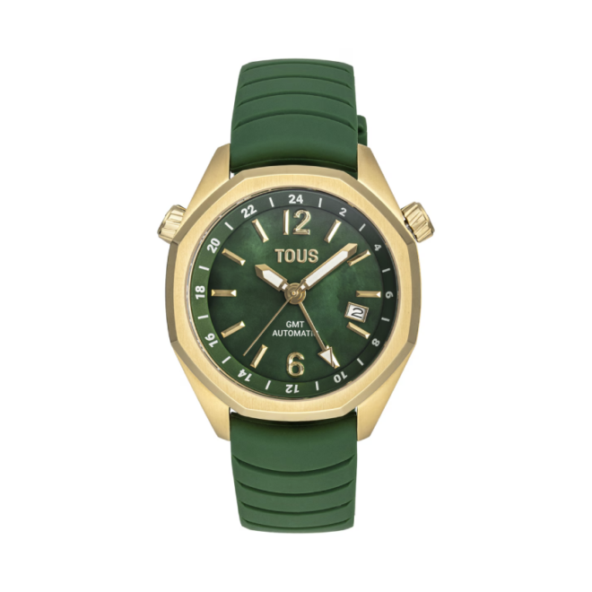 Tous - Reloj GMT automático con correa de silicona verde, caja de acero IPG dorado y esfera de nácar TOUS Now