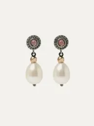 Pendientes Sunfield Morenita Mía Classy de plata envejecida con perla barroca, cuarzo rosa fucsia y circonitas PE065252/56