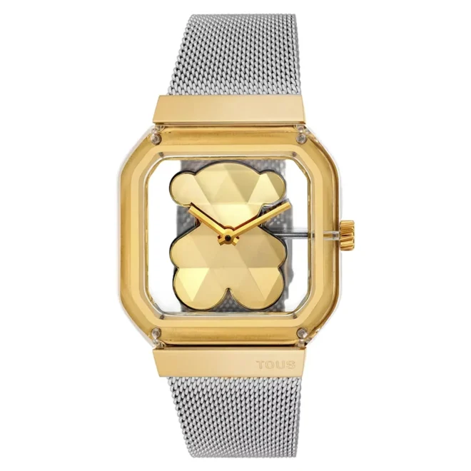 Reloj de mujer TOUS D-Bear Party caja transparente, esfera con oso acrílico y brazalete bicolor en acero y dorado 3000143500