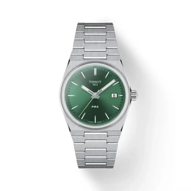Reloj Tissot PRX de 35 mm en acero con diseño retro y esfera gris T1372101108100