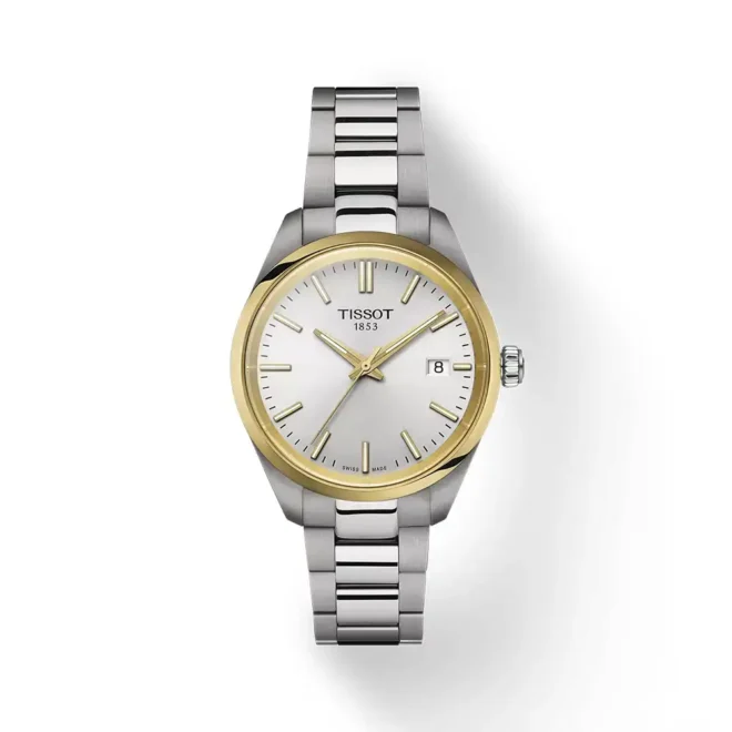 Reloj Tissot PR 100 de 34 mm en acero con PVD dorado y movimiento de cuarzo suizo T1502102103100