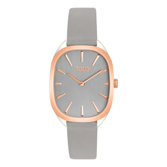 Reloj analógico TOUS Heritage de acero rosa con correa de piel gris, estilo bicolor 3000136400