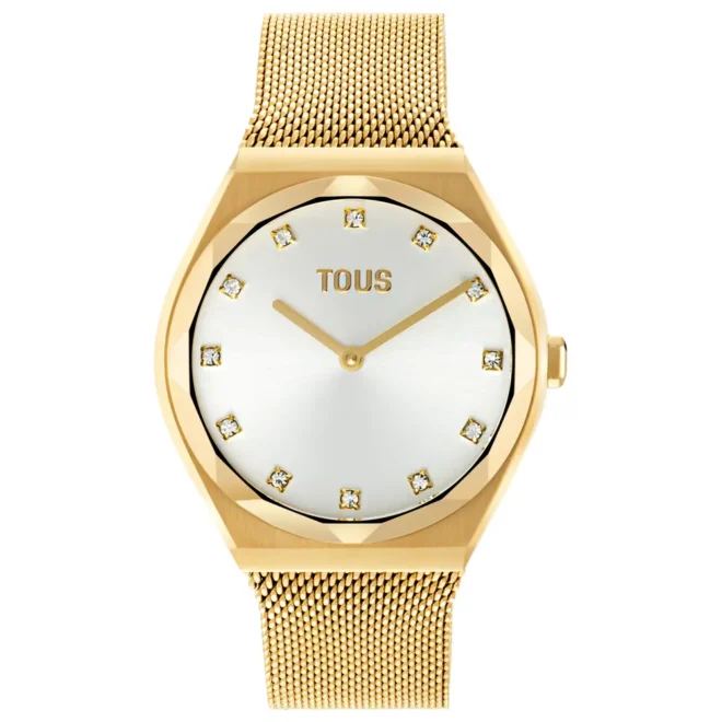 Reloj analógico dorado TOUS Karat Round Mesh, acero inoxidable con cristales en índices, movimiento cuarzo japonés 3000139800
