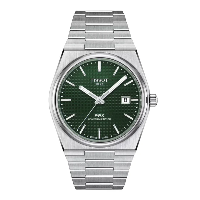 Reloj automático Tissot PRX Powermatic 80 40 mm, esfera verde, fondo visto T1374071109100