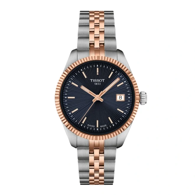 Reloj Tissot Ballade 34 mm bicolor PVD rosa, esfera azul, cuarzo con EOL T1562102204100